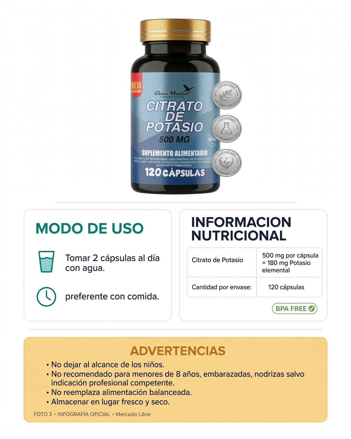 Citrato de Potacio 500 mg - 120 cápsulas