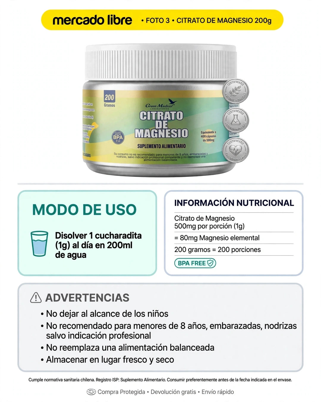 Citrato de Magnesio polvo 200 gramos