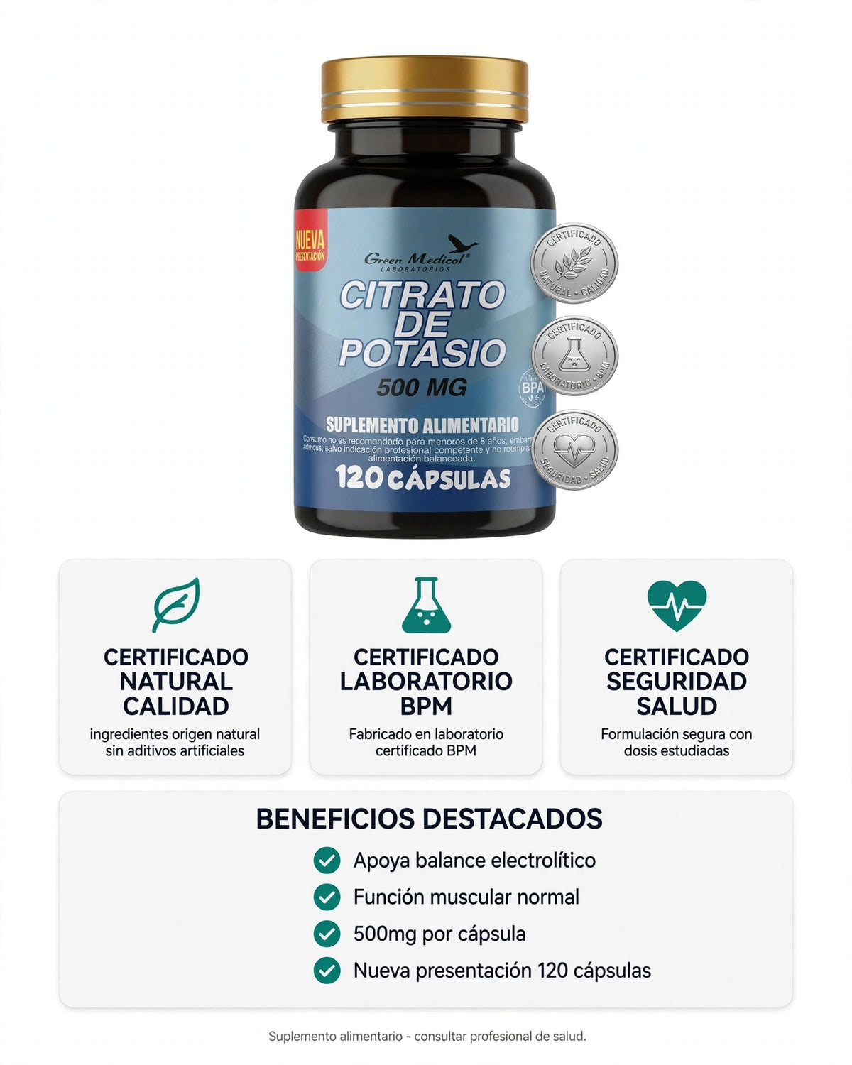 Citrato de Potacio 500 mg - 120 cápsulas