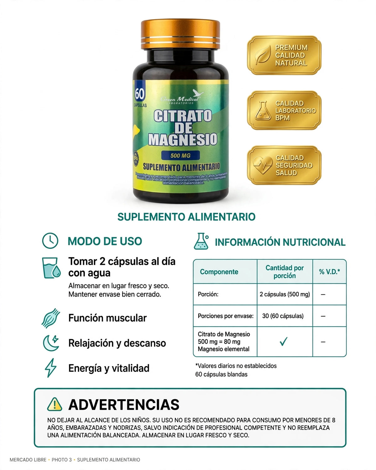 Citrato de Magnesio 500 mg - 60 cápsulas